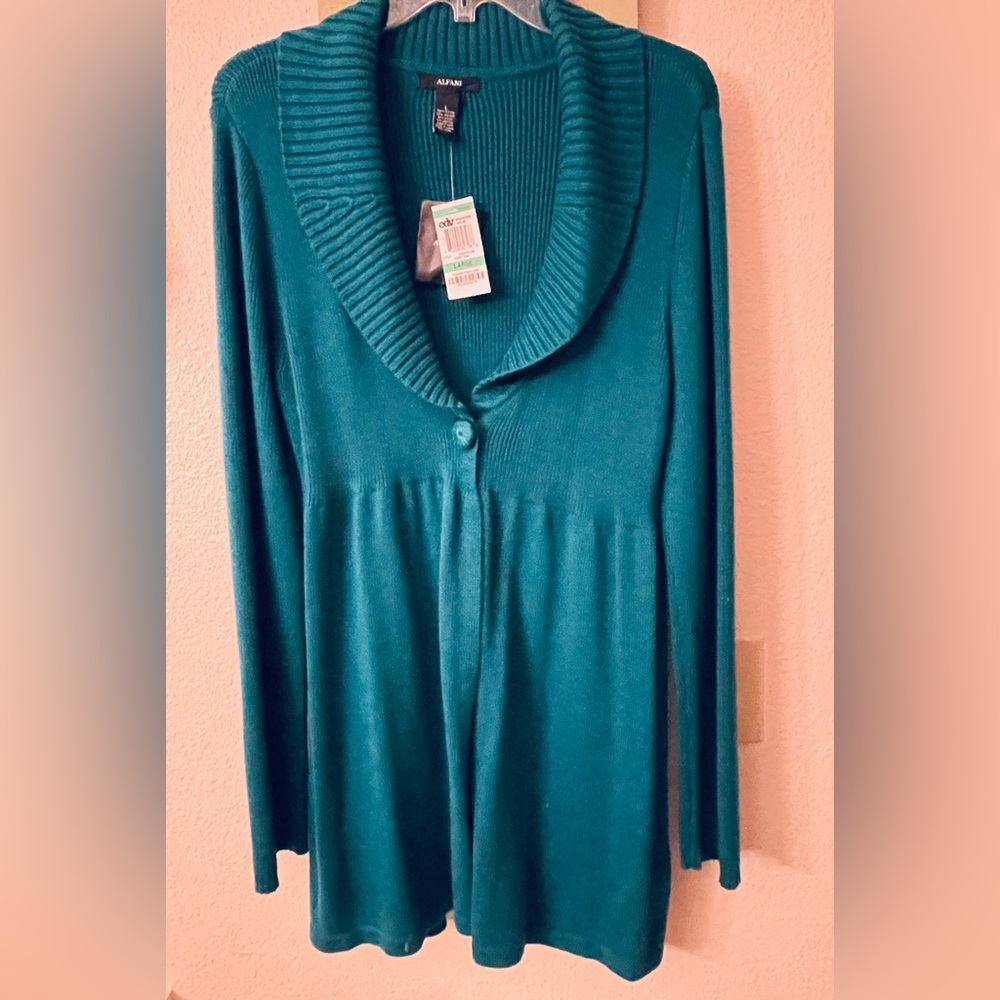 Alfani Ladies Sweater shawl collar on teal button sweater NWT Large